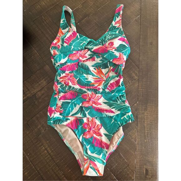 Kona Sol Pink and Green Floral One Piece Tummy Control Full Seat Coverage Swimsu - Picture 3 of 6